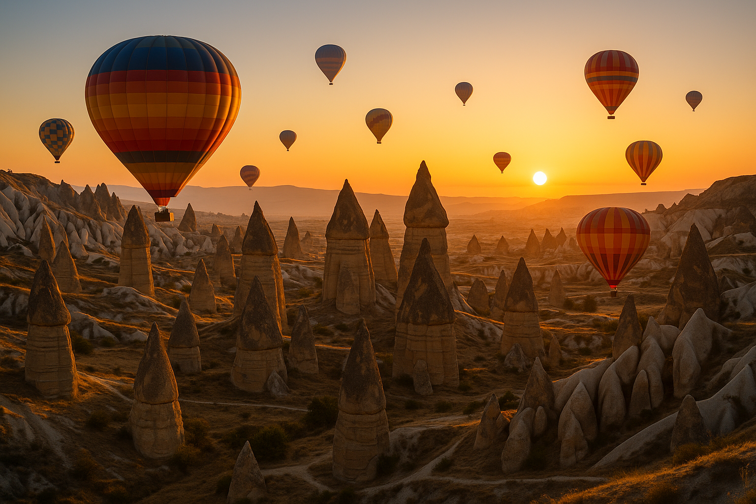 Kapadokya balonları ve peribacaları manzarası